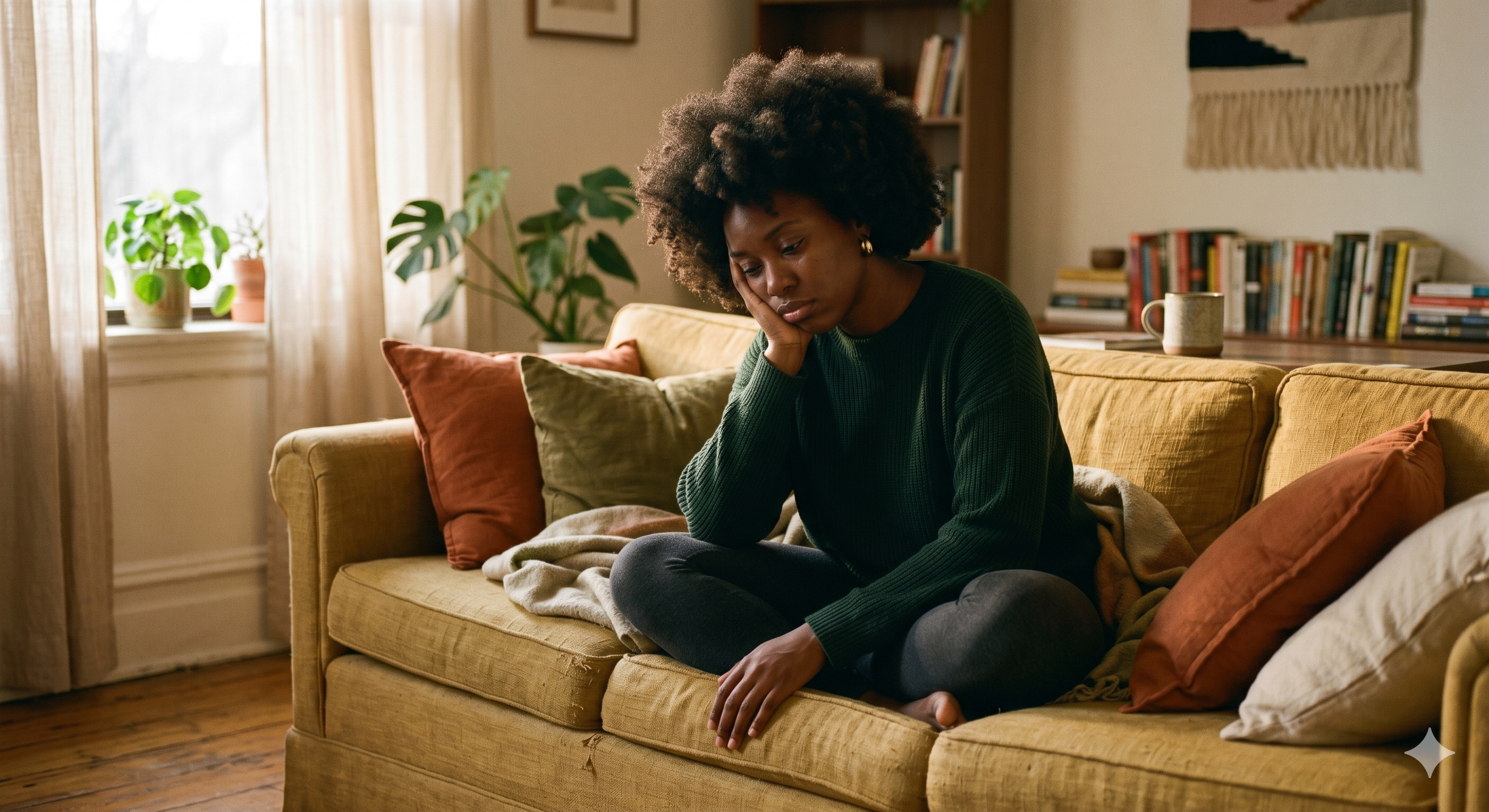 A Black woman resting, head in hand, carrying something heavy