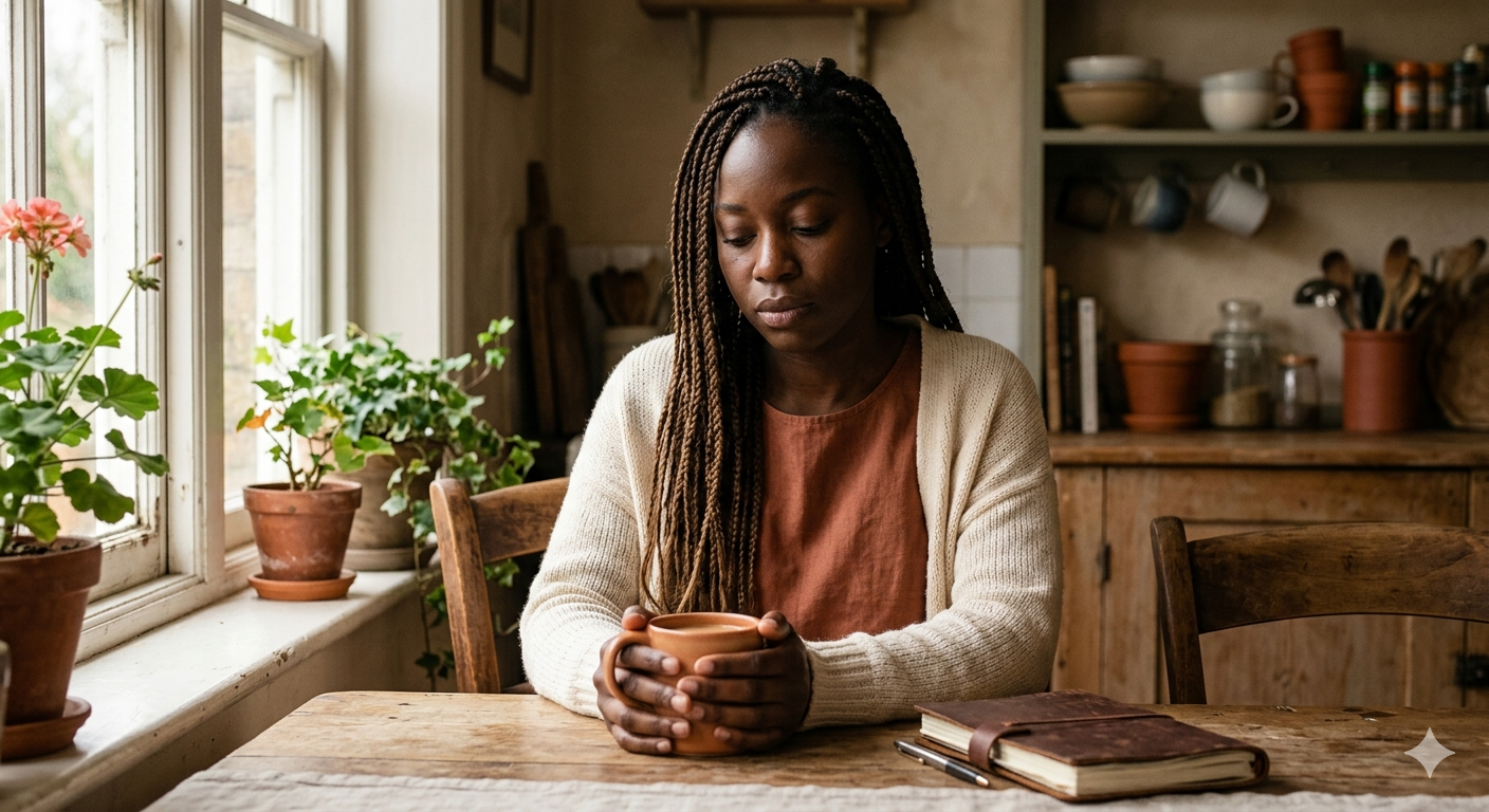 A Black woman sitting quietly at a kitchen table, hands around a mug