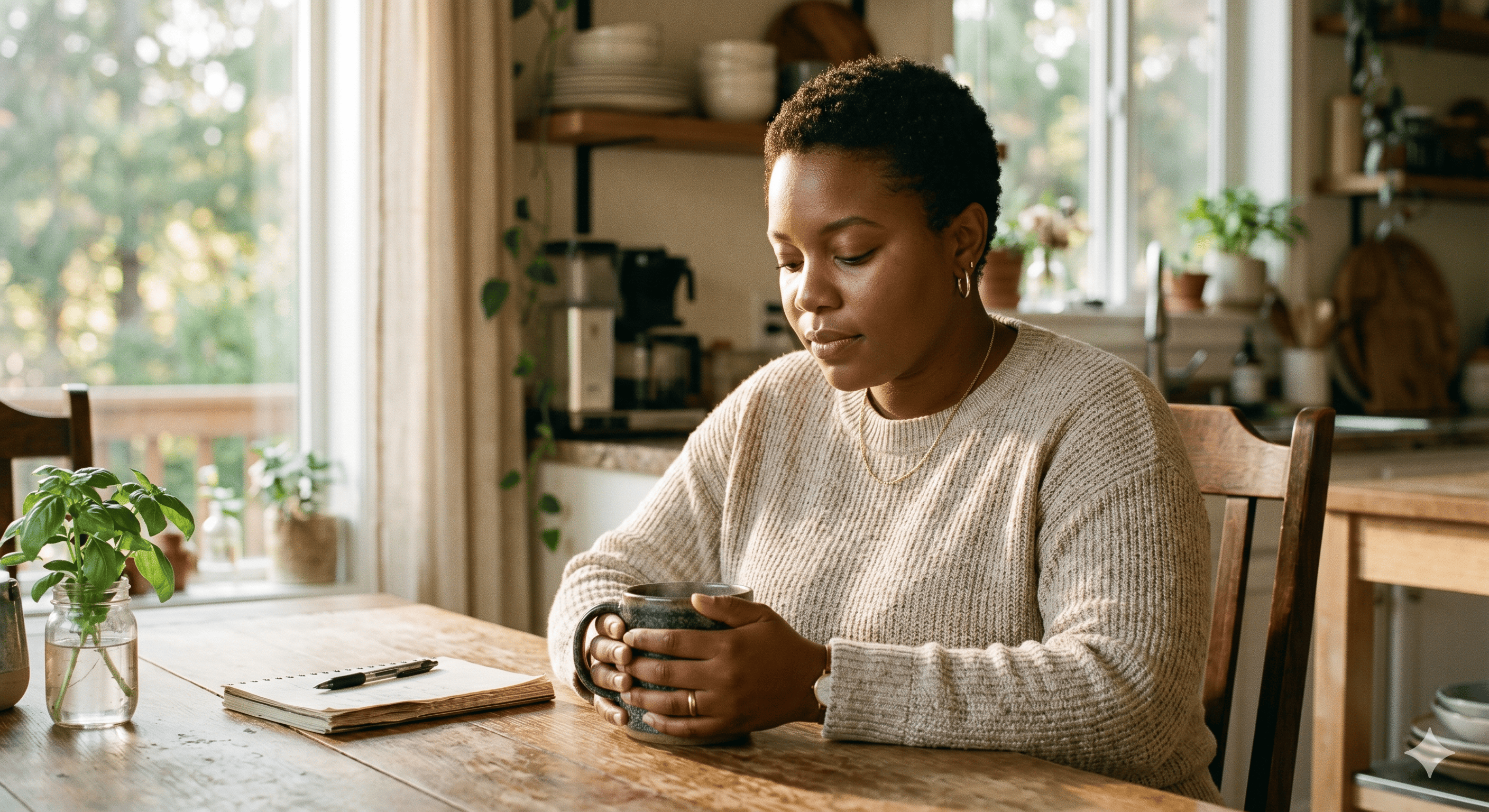 A Black woman sitting quietly with a mug