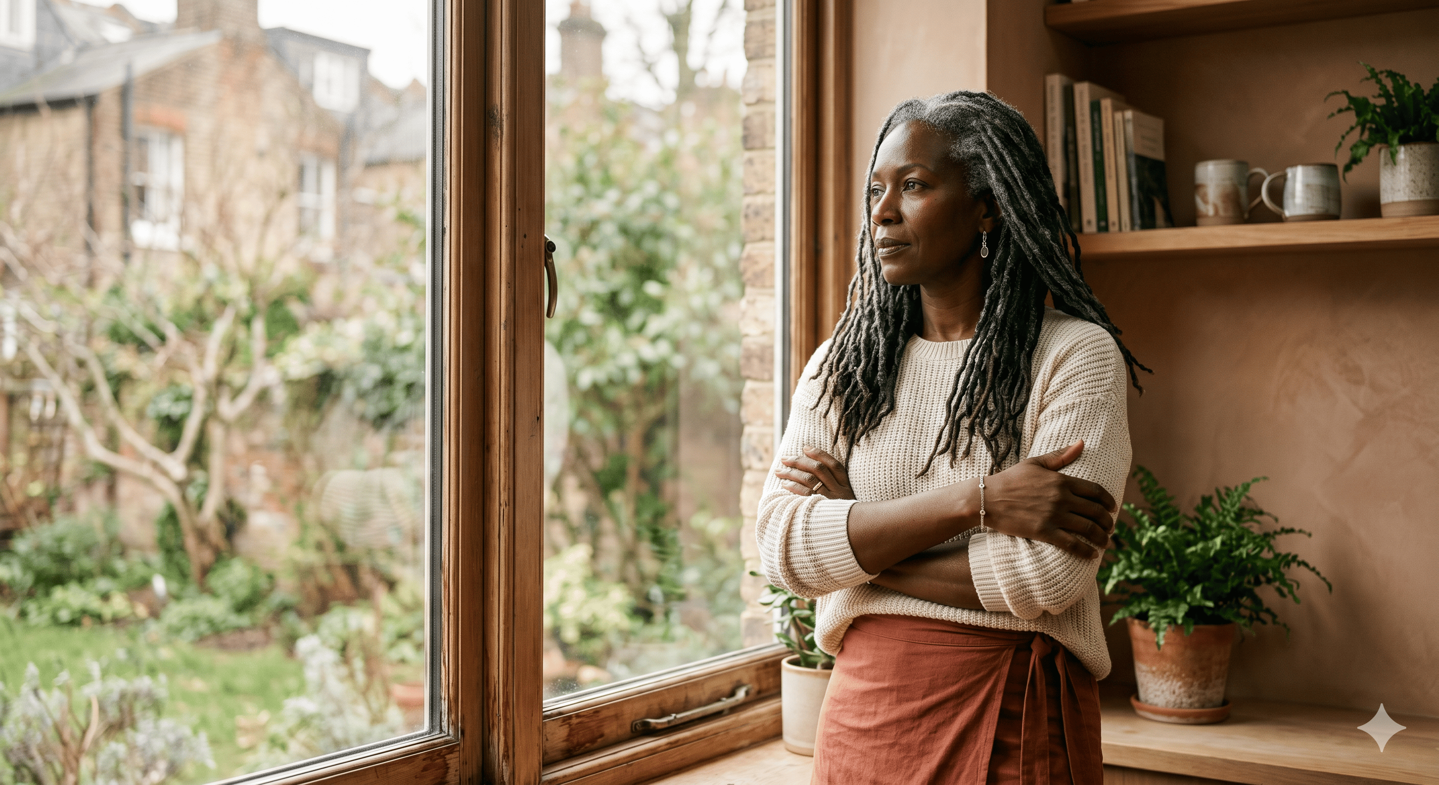A Black woman standing by a window, calm and knowing