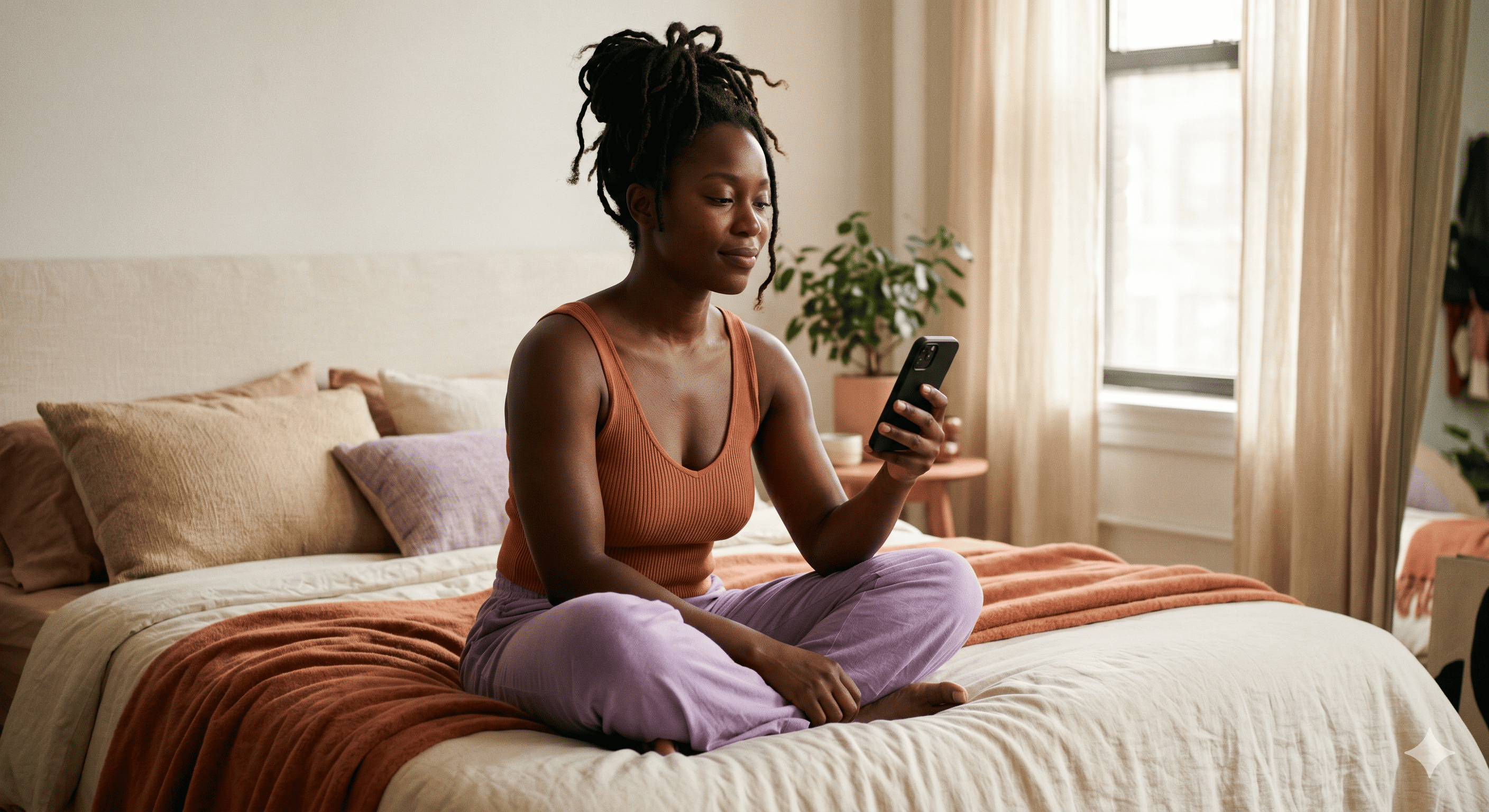 A Black woman relaxed at home, phone in hand