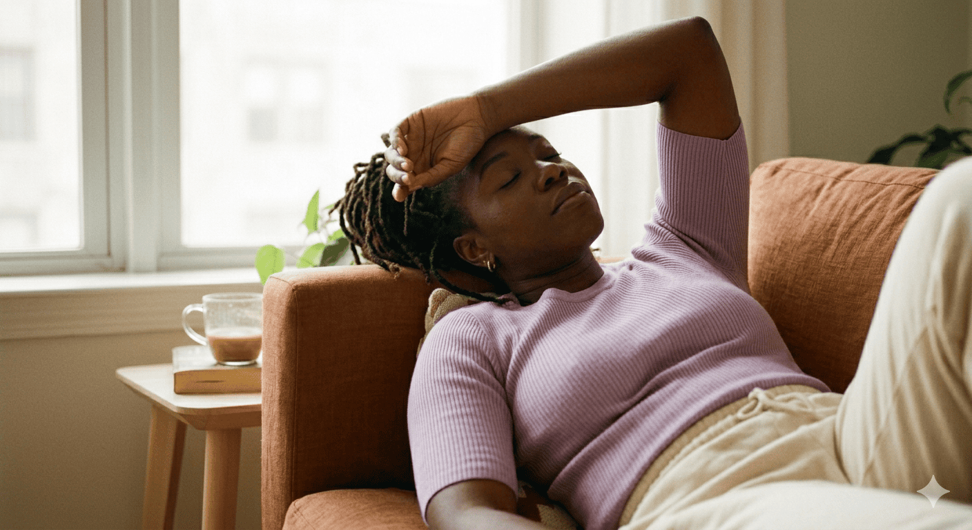 A Black woman resting peacefully on a couch
