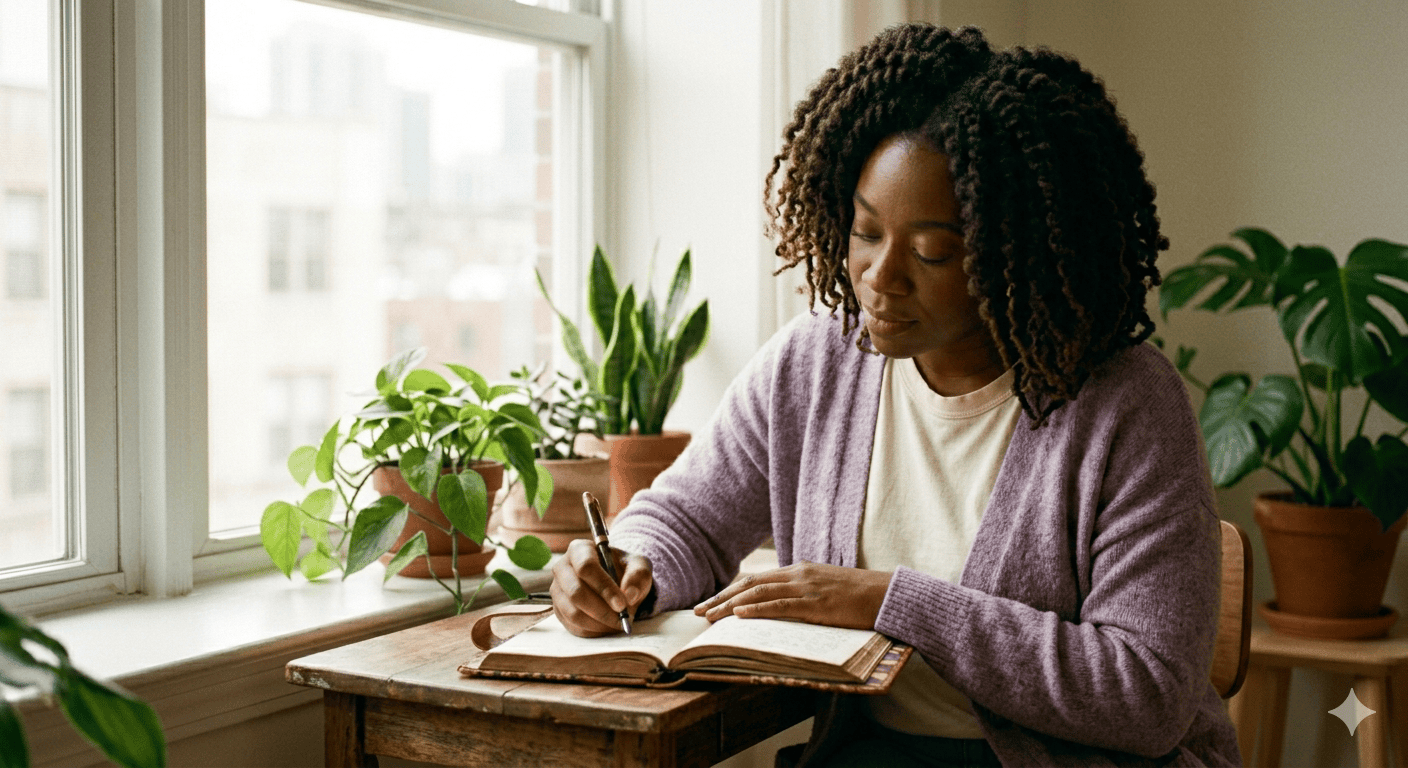 A Black woman writing in her journal by a window