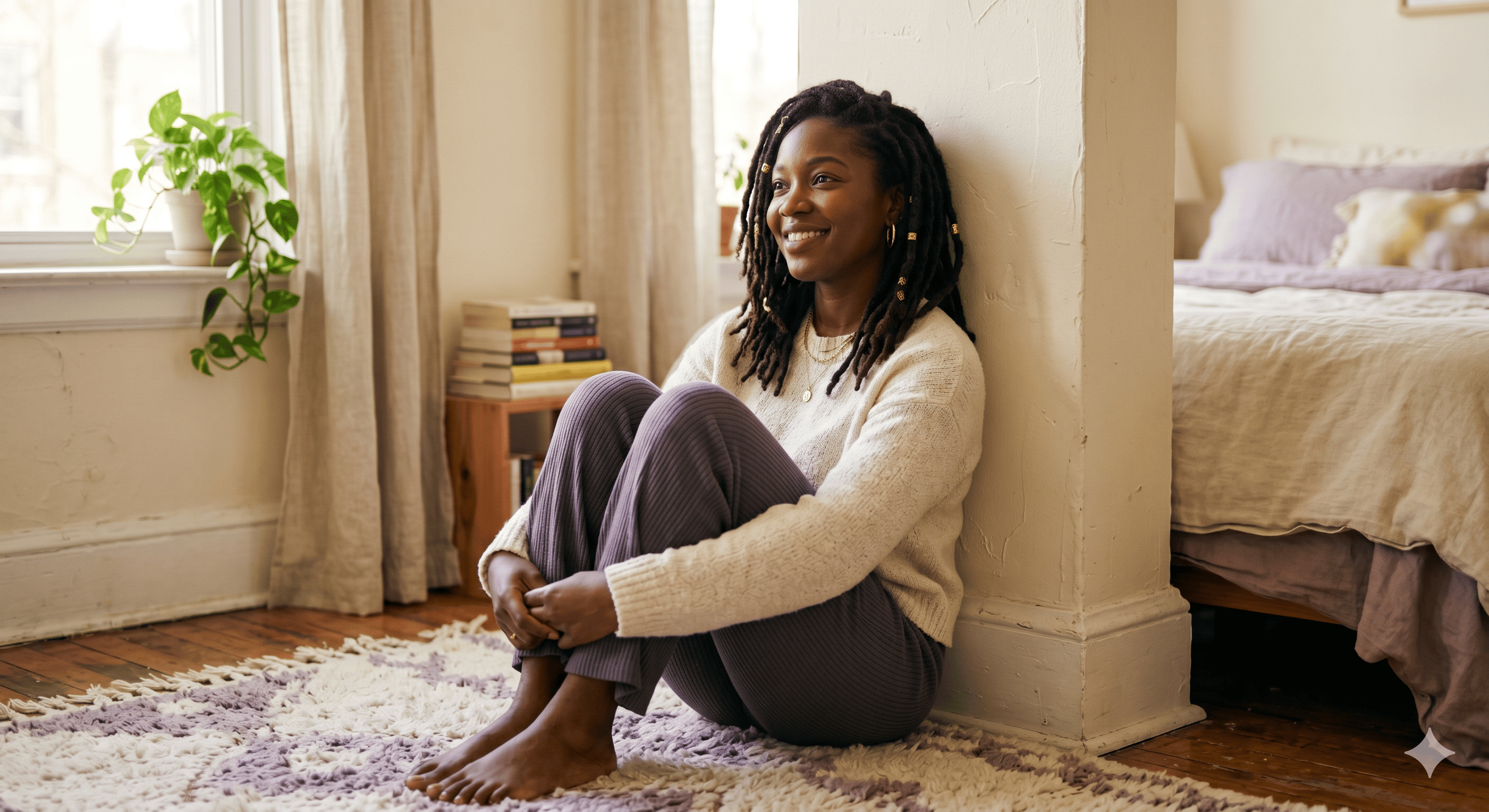 A Black woman walking through the city, at ease